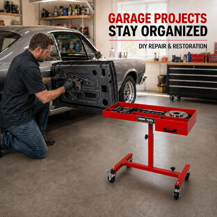 Rolling Work Table with Drawer, Adjustable Height & Width Mobile Tool Tray, 220 lb Capacity Steel Mechanic Cart with 4 Swivel Casters for Garage, Shop & Automotive Repair, Red [39102]