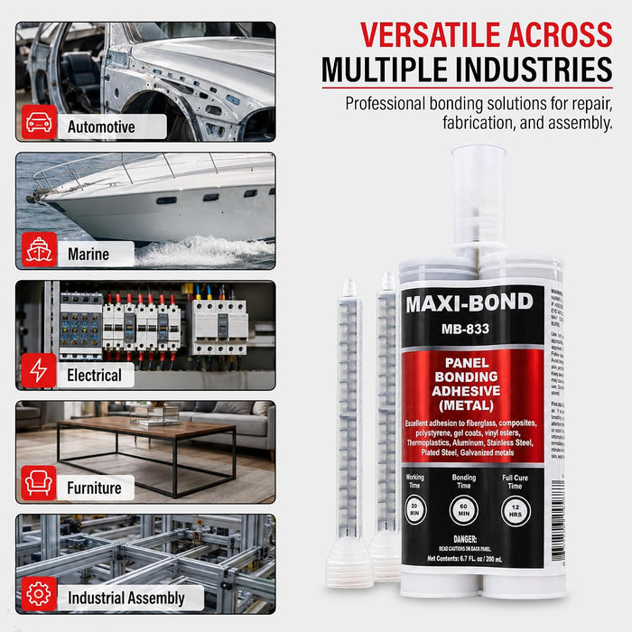 LAUCO Maxi-Bond Panel Bonding Adhesive MB-833 – Two-Part Methacrylate Epoxy Adhesive, Non-Sag, High Strength for Metal, Fiberglass, Wood, Aluminum & Composites – 200 mL (6.75 fl oz)
