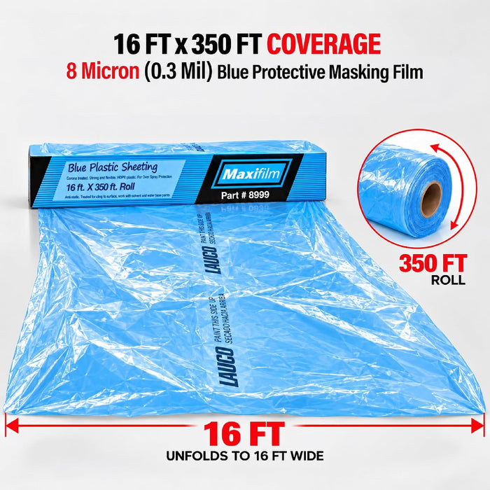 MAXIFILM 16ft x 350ft, 4 Rolls of Blue Overspray Paintable Masking Plastic Sheeting -8 Micron, 0.3 Mil, Protective Masking Film Cover, Auto Painting, Cover Cloth Home Walls Furniture 8999