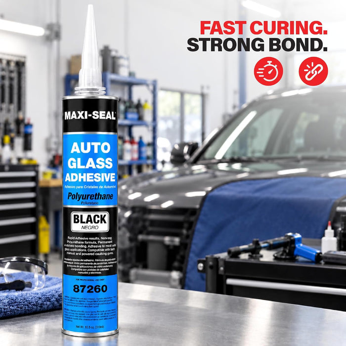 Maxi-Seal Black Polyurethane Windshield Adhesive with Fast Curing Non-sag Formula - 10.5oz Tube + ﻿Applicator Tip﻿ - High Bond Strength Window Sealant - Weather Resistant Auto Glass Adhesive (6 Pack)