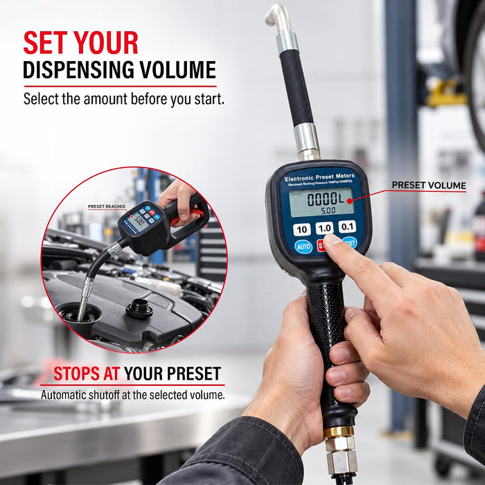 Digital Oil Meter Gun with LCD Display for Lubricants and Diesel, Preset Dispensing Gun with Automatic Shutoff, High Accuracy ±0.5%, Heavy Duty Oil Transfer Meter for Workshop, Garage 75869