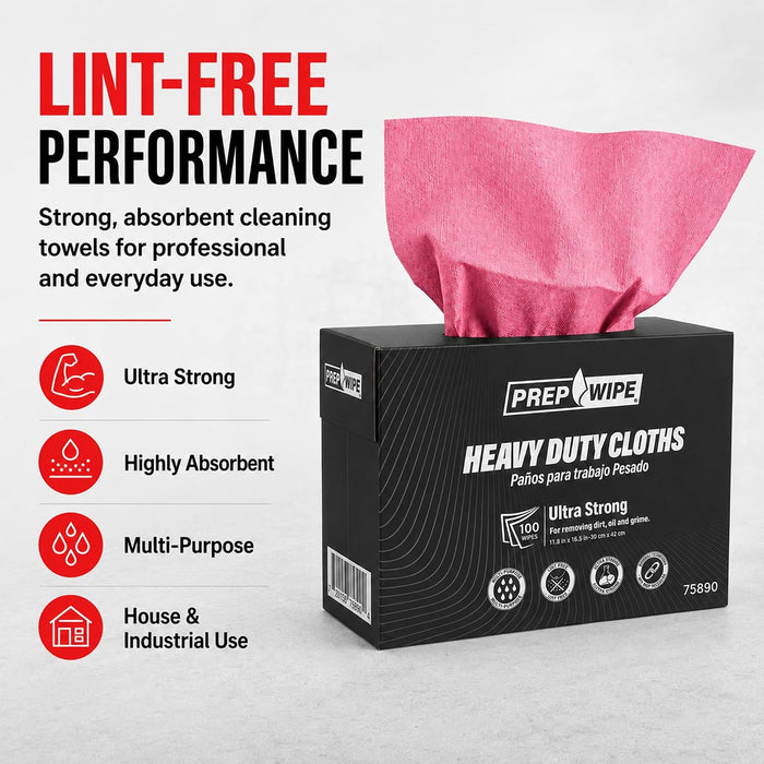 Prep Wipe Lint Free Cleaning Towels, Pink, 9" x 17" Heavy Duty Cleaning Cloths, Lint Free Wipes, Cleaning Cloths for House & Industrial Use, Disposable Cleaning Rags, Pack of 100 Sheets