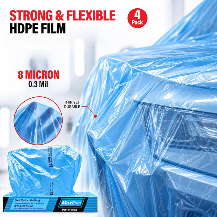MAXIFILM 16ft x 350ft, 4 Rolls of Blue Overspray Paintable Masking Plastic Sheeting -8 Micron, 0.3 Mil, Protective Masking Film Cover, Auto Painting, Cover Cloth Home Walls Furniture 8999