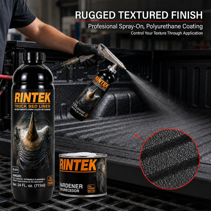 Rintek Urethane Spray On Truck Bed Liner Kit, Durable Textured Coating Mix, Shake & Shoot 1 Gallon, Black, with Spray Gun