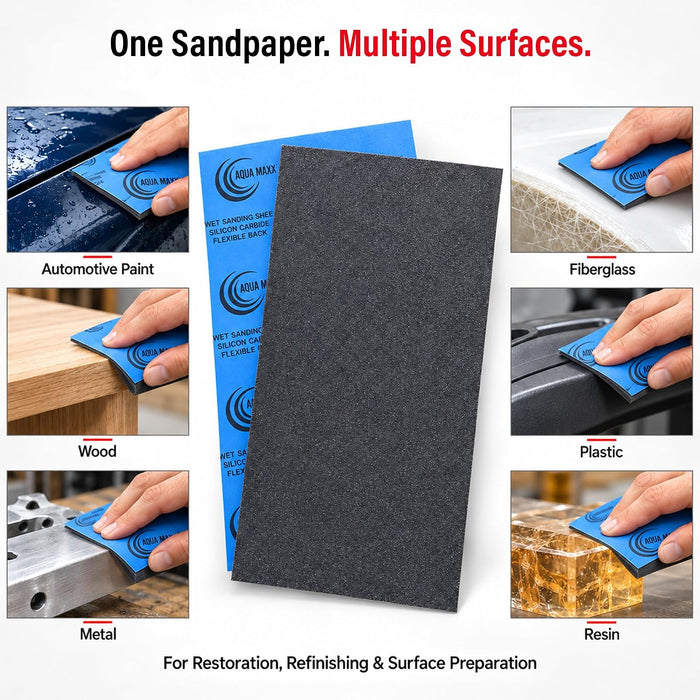 Aqua Maxx Wet Dry Sandpaper Sheets 1500 Grit, 50 Pack Waterproof Silicon Carbide Abrasive Paper, 9 x 5.5 Inch Fine Finishing Sanding Sheets for Automotive Paint Correction, Detailing, Metal 25934