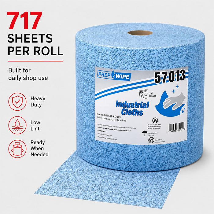 Prep Wipe Industrial Cleaning Cloth Roll, 717 Heavy Duty Shop Towels, 10 x 13.4 Inch, Low Lint Polypropylene Wipes for Oil, Grease, Ink & Dirt, Automotive and Workshop Use, 57013