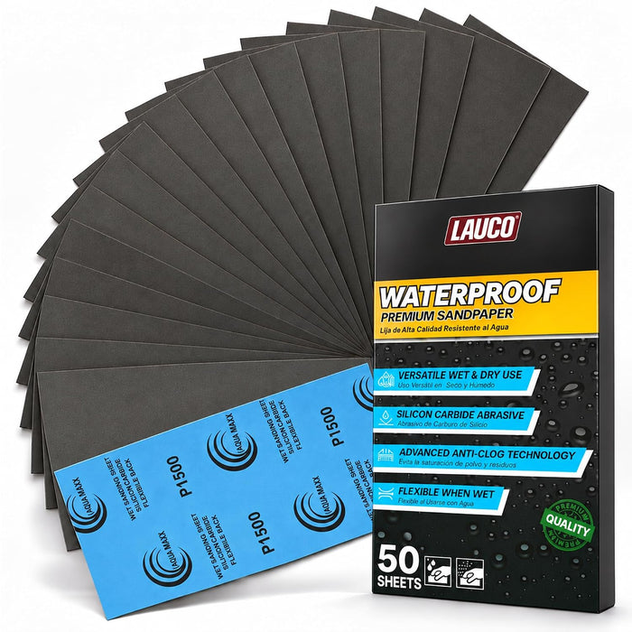 Aqua Maxx Wet Dry Sandpaper Sheets 1500 Grit, 50 Pack Waterproof Silicon Carbide Abrasive Paper, 9 x 5.5 Inch Fine Finishing Sanding Sheets for Automotive Paint Correction, Detailing, Metal 25934