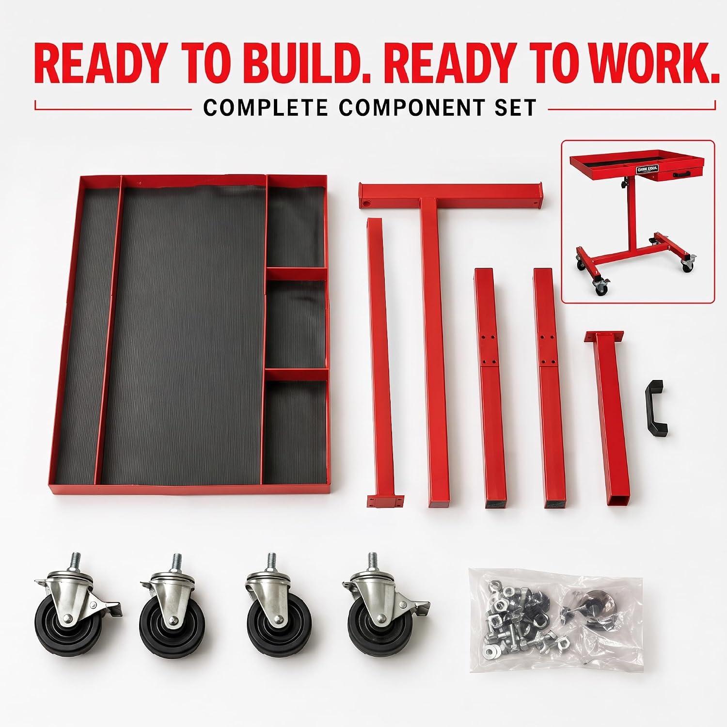 Rolling Work Table with Drawer, Adjustable Height & Width Mobile Tool Tray, 220 lb Capacity Steel Mechanic Cart with 4 Swivel Casters for Garage, Shop & Automotive Repair, Red [39102]