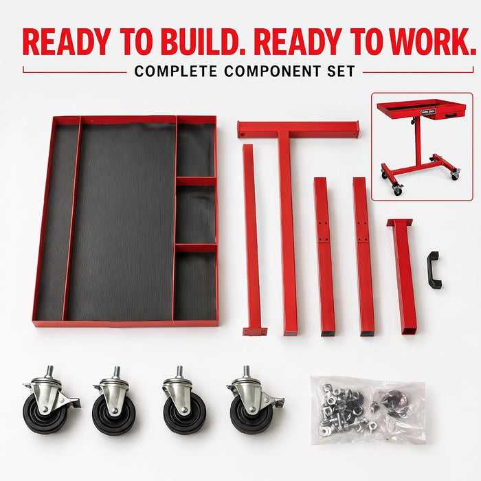 Rolling Work Table with Drawer, Adjustable Height & Width Mobile Tool Tray, 220 lb Capacity Steel Mechanic Cart with 4 Swivel Casters for Garage, Shop & Automotive Repair, Red [39102]