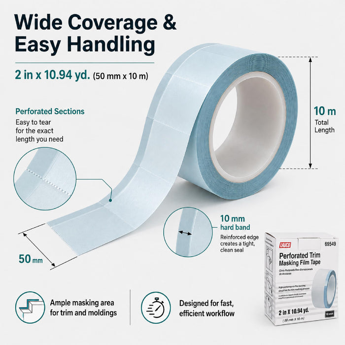 LAUCO Perforated Trim Masking Tape 69549, Molding Paint Protection, Trim Lifting Tape, Hand Tearing, 10 mm Hard Band, 50 mm x 10 m Auto Body Masking Film with High-Strength Backing 69549
