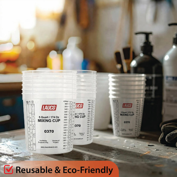 Box of 40 - Paint & Epoxy Mixing Cups Buckets - 174 Ounce (5-Quart) - Calibrated Mixing ratios on Side - Solvent Resistant, Reusable Clear Plastic Cups for Paint, Epoxy, Resin, Oil, Thinner (40)