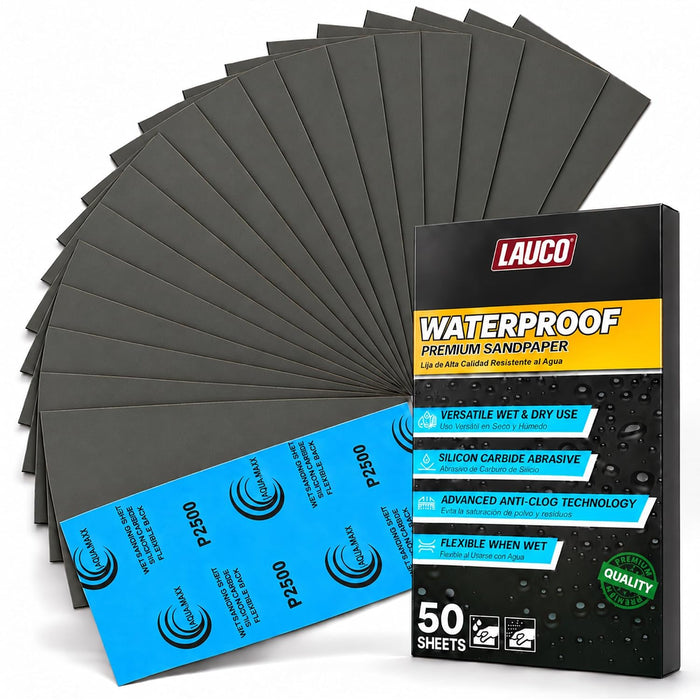 Aqua Maxx Wet Dry Sandpaper Sheets 2500 Grit, 50 Pack Waterproof Silicon Carbide Abrasive Paper, 9 x 5.5 Inch Ultra Fine Finishing Sanding Sheets for Automotive Paint, Polishing, Woodworking, Metal