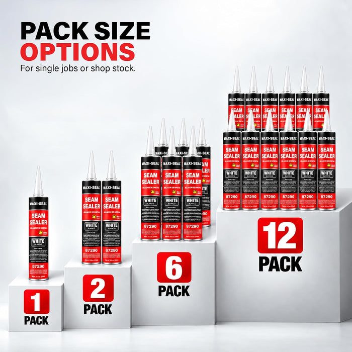 Maxi-Seal White Polyurethane Seam Sealer (6-Pack, 10.5oz Tube) | Durable & Flexible Auto Body Filler | Brushable Seam & Joint Compound for OEM Finish on Bare or Painted Surfaces 87290