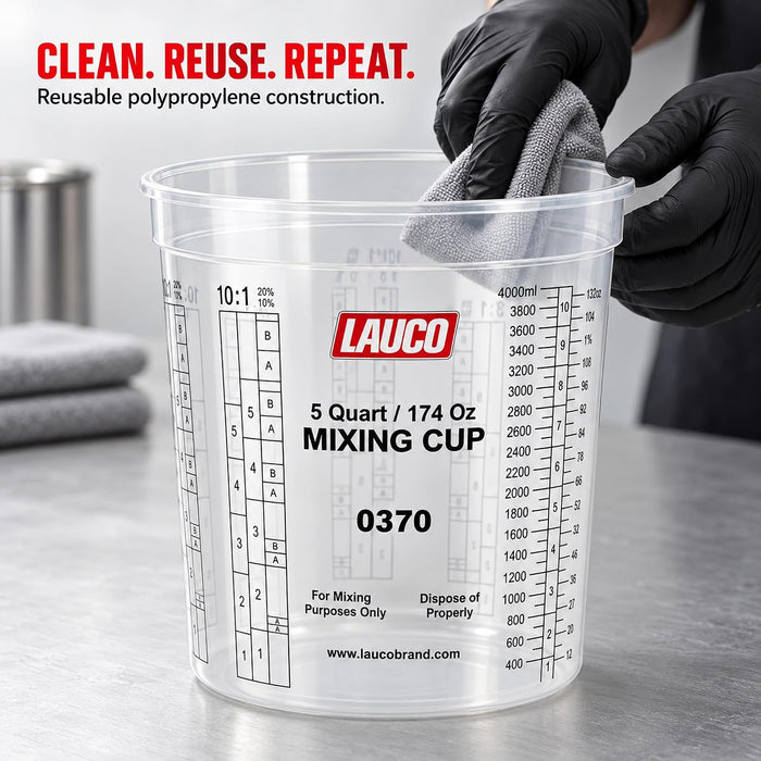 Box of 40 - Paint & Epoxy Mixing Cups Buckets - 174 Ounce (5-Quart) - Calibrated Mixing ratios on Side - Solvent Resistant, Reusable Clear Plastic Cups for Paint, Epoxy, Resin, Oil, Thinner (40) 0370