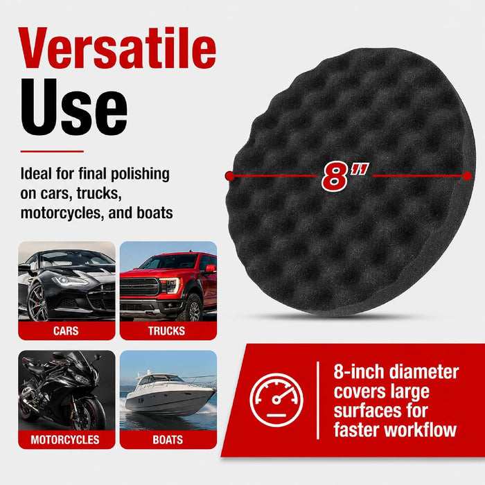 LAUCO Black Foam Waffle Buffing Pad – Single Sided - Final Buff Polish Wax - Hook & Loop – 8” inch (203.2 mm) 8998