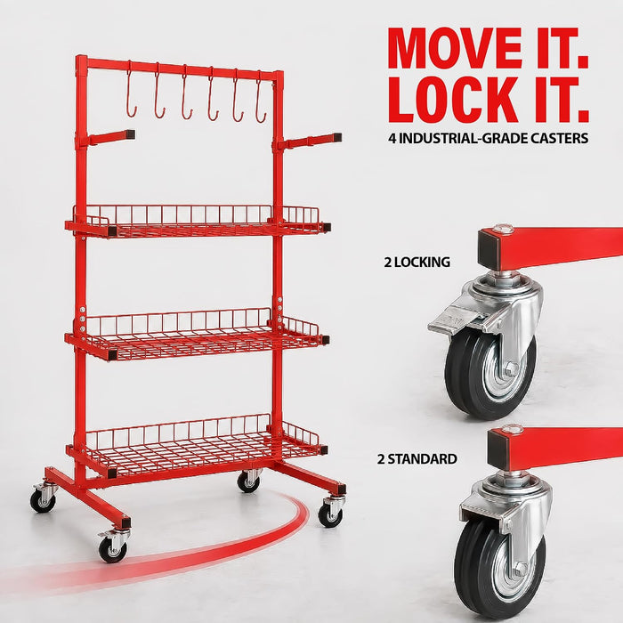LAUCO B Series 3Shelf Auto Parts Storage Cart & Rack Stand for Garage, Workshop, Mechanic Shop, Heavy Duty Steel Construction, High Capacity, Space-Saving Organizer, Mobile & Stationary Use 07755