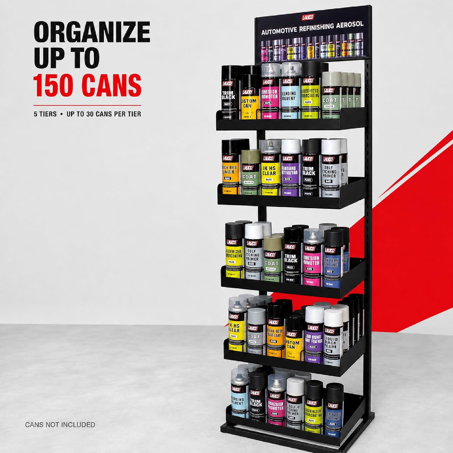 LAUCO Aerosol Rack Assortment Display - Holds up to 150 Aerosol Cans - 5 Tier Spray Paint Can Storage Rack Organizer - 68.8" H x 18.3" L x 18.3" W- 87228