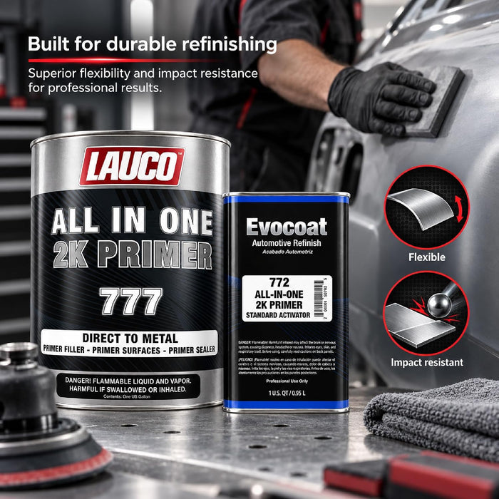 LAUCO All-In-One Direct-to-Metal (DTM) 2K Urethane Primer Surfacer Kit (Gray, 1 Gallon) with Medium Hardener/Activator (1 Quart) – High Build Filler/Sealer (4:1 Mix) 772