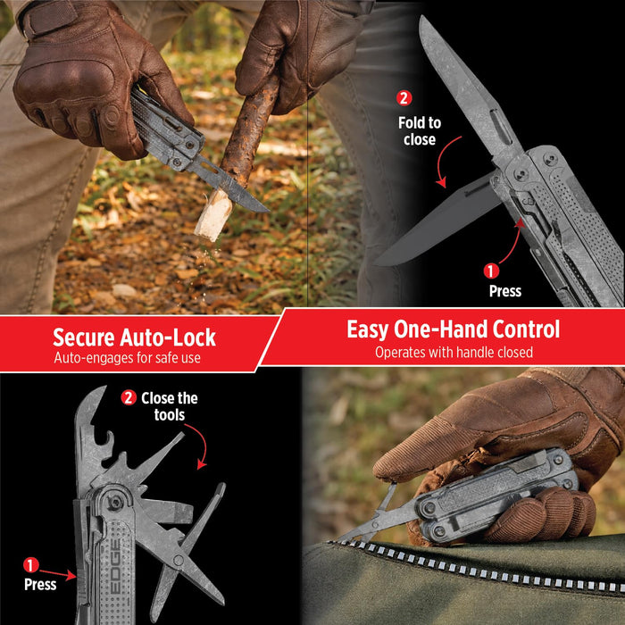 EDGE Multi-Tool Pliers, 18-in-1 Stainless Steel Multitool with Knife, Saw, Scissors, Wire Cutter & Screwdriver Bits, Compact Folding Pocket Tool for Camping, Survival, Fishing & Car Emergency (Black)