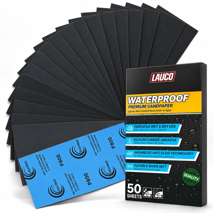 Aqua Maxx Wet Dry Sandpaper Sheets 800 Grit, 50 Pack Waterproof Silicon Carbide Abrasive Paper, 9 x 5.5 Inch Fine Sanding Sheets for Automotive Paint Preparation, Detailing, Woodworking, Metal 25932