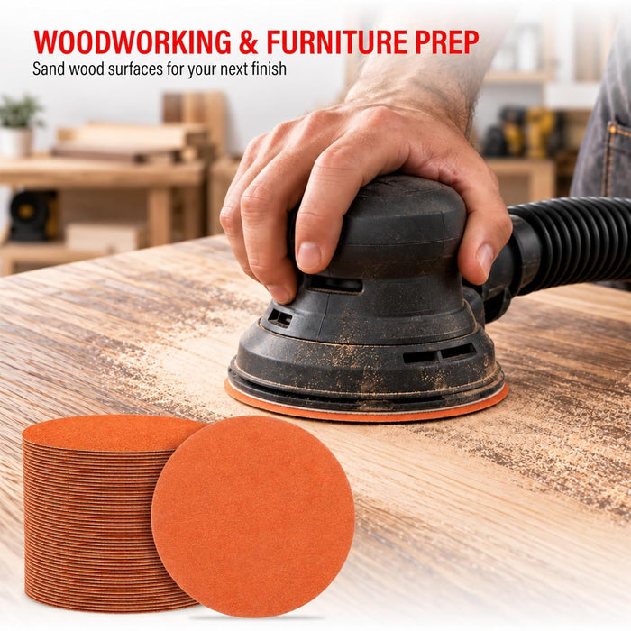 Premium 6" Hook and Loop Sanding Discs (Box of 50) - Hook and Loop Backing Discs for DA Orbital Sanders - Automotive Sanding Wood Furniture Finishing (GRIT-120) 25959