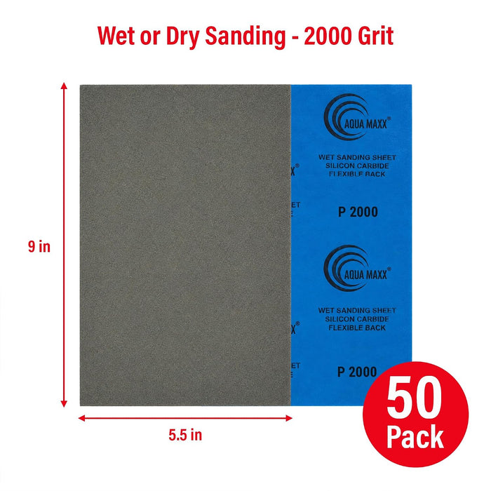 Aqua Maxx Wet Dry Sandpaper Sheets 2000 Grit, 50 Pack Waterproof Silicon Carbide Abrasive Paper, 9 x 5.5 Inch Ultra Fine Finishing Sanding Sheets for Automotive Paint Correction, Polishing, Metal