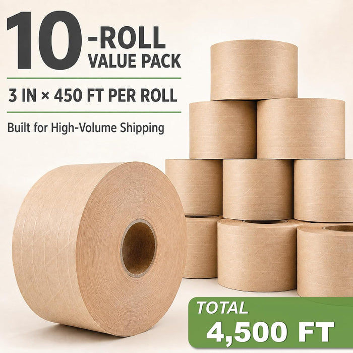 LAUCO Gummed Paper Tape 3" x 450' – Water Activated Kraft Packing Tape with Fiberglass Reinforcement – Heavy Duty, Tamper Evident Shipping Tape – Biodegradable – 10 Rolls
