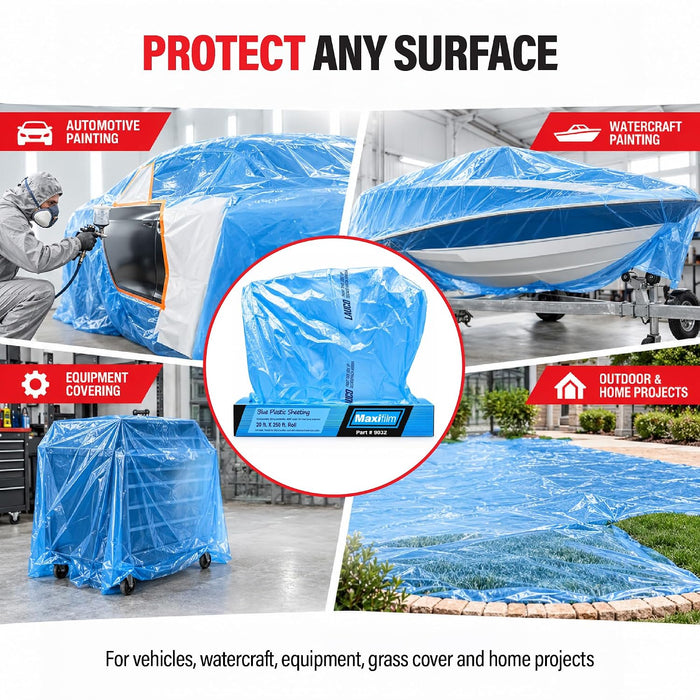 MAXIFILM 16ft x 350ft, 4 Rolls of Blue Overspray Paintable Masking Plastic Sheeting -8 Micron, 0.3 Mil, Protective Masking Film Cover, Auto Painting, Cover Cloth Home Walls Furniture 8999