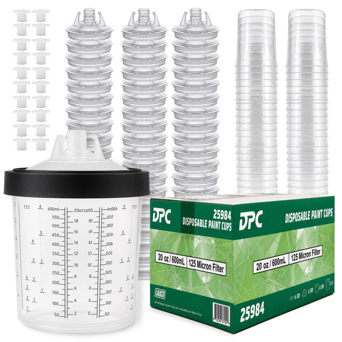 LAUCO Disposable Paint Spray Gun PPS Cups Liners and Lid System 50 Cup Liners, 50 Lids, 1 Hard Cup with Retainer Ring and 20 Plugs - Compatible with Original 1.0 System 600ml | 20oz | 125 Micron