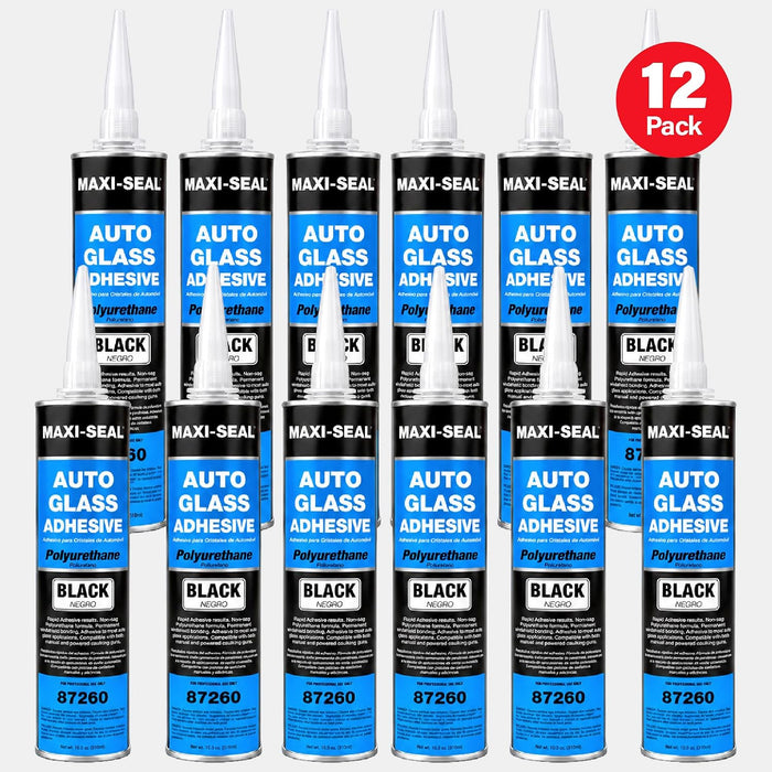 Maxi-Seal Black Polyurethane Windshield Adhesive with Fast Curing Non-sag Formula - 10.5oz Tube + ﻿Applicator Tip﻿ - High Bond Strength Window Sealant - Weather Resistant Auto Glass Adhesive (12 Pack)