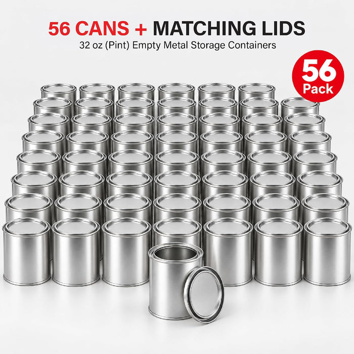 LAUCO Bulk Empty Quart Paint Cans with Lids - Box of 56 - Multi-Purpose Empty Metal 32oz Paint Cans with Lids Set for DIY, Storage and Professional Projects- 9075
