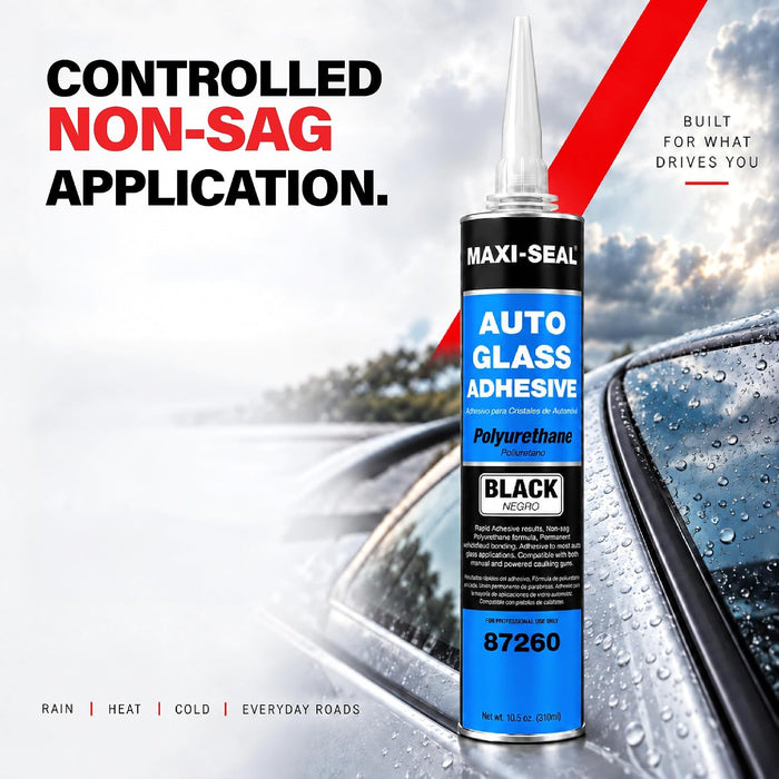 Maxi-Seal Black Polyurethane Windshield Adhesive with Fast Curing Non-sag Formula - 10.5oz Tube + ﻿Applicator Tip﻿ - High Bond Strength Window Sealant - Weather Resistant Auto Glass Adhesive (6 Pack)