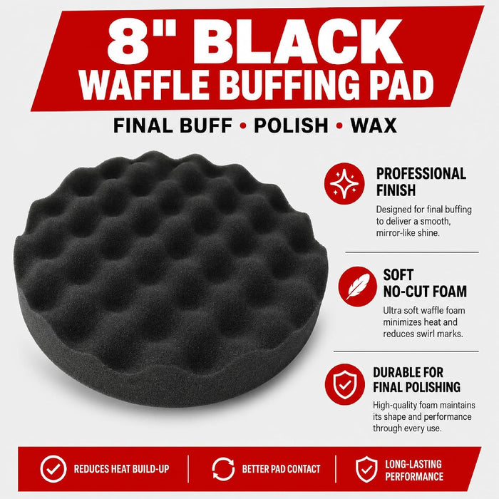 LAUCO Black Foam Waffle Buffing Pad – Single Sided - Final Buff Polish Wax - Hook & Loop – 8” inch (203.2 mm) 8998