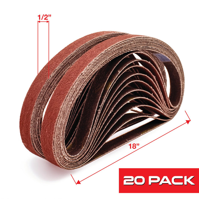 LAUCO MAXIBAND 1/2 in x 18 INCH File Belt Bands Abrasives - 40 GRIT - Aluminum Oxide Sanding Belt, Sander Belts for Air File Belt Sander, Woodworking, Metal Polishing - Pack of 20 31733