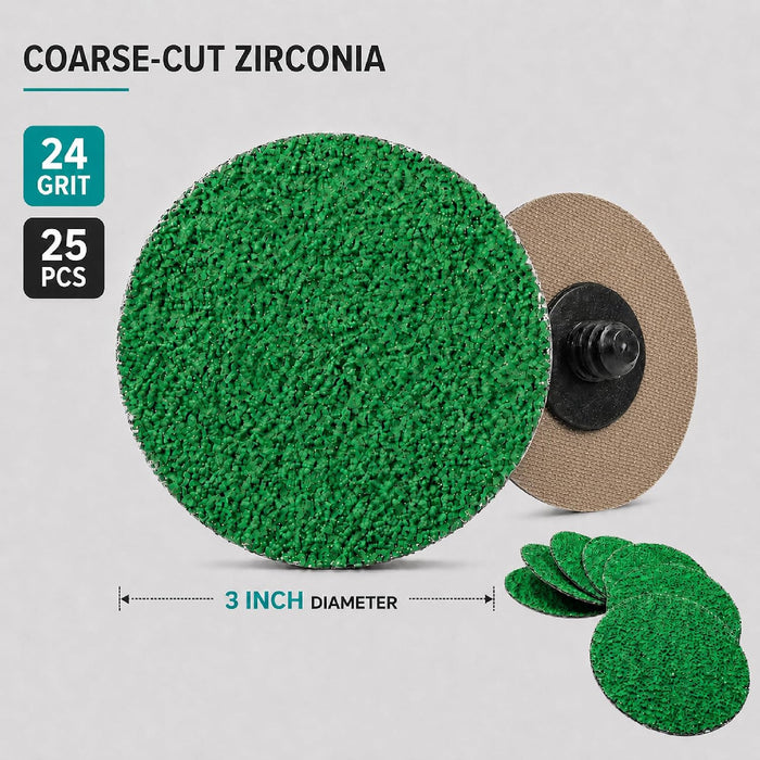 3 Inch 24 Grit Quick Change Grinding Disc Set, 25 Abrasive Discs with Backing Pad,Sanding Discs for Metal, Wood & Surface Preparation