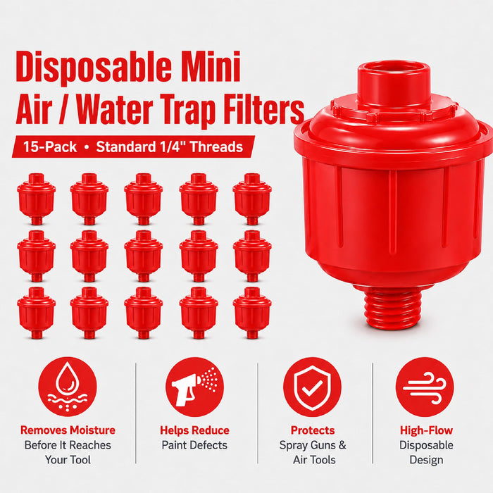 LAUCO Pack of 15 Disposable Mini Air Water Trap Spray Gun Filters with Standard 1/4" Threads - Effectively Removes Moisture Before it Reaches Spray Guns and Air Tools 9040