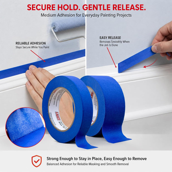 LAUCO Multi-Surface Blue Painter’s Masking Tape, 9 Rolls, Medium Adhesion, UV-Resistant, Clean Removal, 0.94 in x 60 yds (48mm x 55m) Rolls, Ideal for Indoor & Outdoor Painting, Trim, Walls
