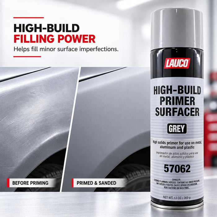 LAUCO High-Building Primer Surfacer Grey 13oz Aerosol Spray Can with Aerosol Spray Gun - Pack of 12 - For Automotive and Industrial Use 57062