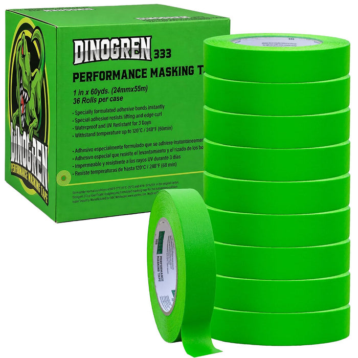 LAUCO DINOGREN Masking Green Tape 1 Inch x 60 Yards, 36 Rolls, Green High Performance Painters Tape, Heat and Water Resistant Tape for Car Painting, Auto Body Refinishing and Spray Booths 6068