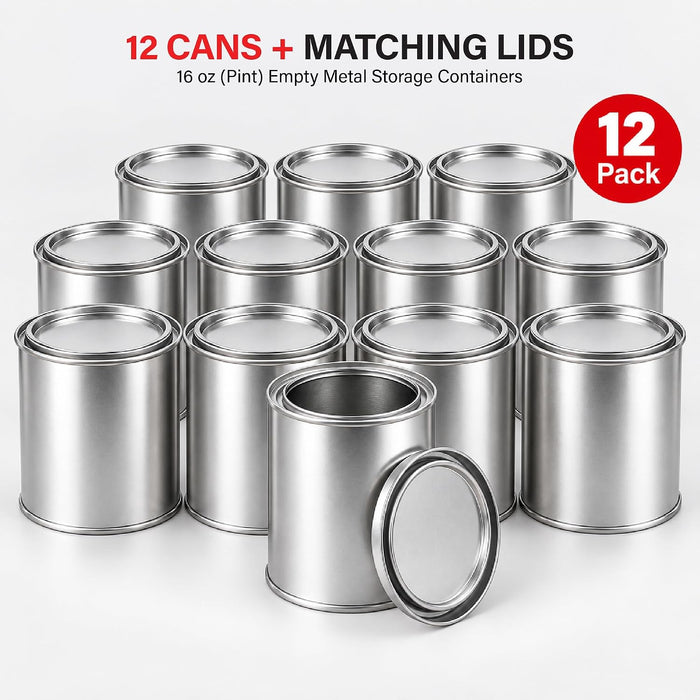 LAUCO Empty Paint Cans with Lids, 16 oz Pint Metal Paint Cans, 12 Pack, Durable Tin-Plated Steel Containers for Paint Storage, Crafts, DIY Projects, Workshops & Home Use 9073