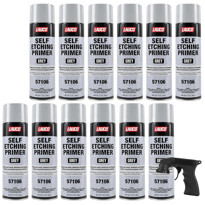 LAUCO Self Etching Primer Grey Aerosol Spray Can With Aerosol Spray Gun - Pack of 12 - Automotive and Industrial Primer - Great for use on Bare Metal Areas Before applying Truck Bed Liner (57106)