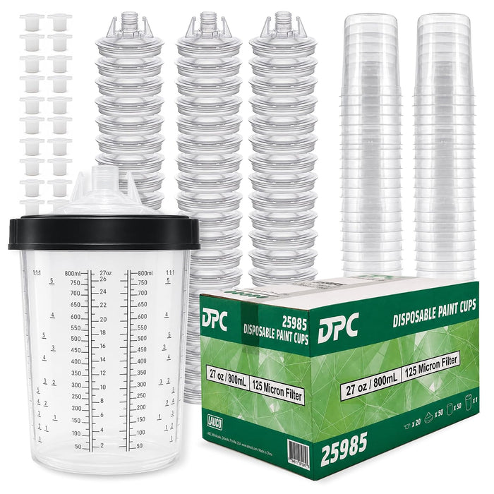 LAUCO Disposable Spray Gun Paint Cups Kit – 50 Pack Liners & Lids with 125 Micron Strainer, Hard Cup, Retainer Ring & Plugs (800ml / 27oz)