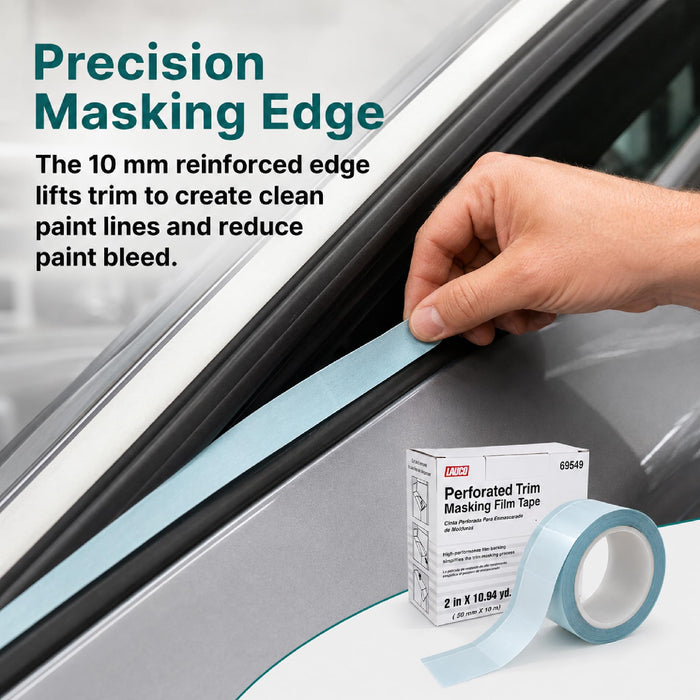 LAUCO Perforated Trim Masking Tape 69549, Molding Paint Protection, Trim Lifting Tape, Hand Tearing, 10 mm Hard Band, 50 mm x 10 m Auto Body Masking Film with High-Strength Backing 69549