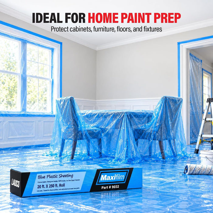MAXIFILM 16ft x 350ft, 4 Rolls of Blue Overspray Paintable Masking Plastic Sheeting -8 Micron, 0.3 Mil, Protective Masking Film Cover, Auto Painting, Cover Cloth Home Walls Furniture 8999