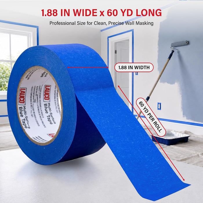 LAUCO Multi-Surface Blue Painter’s Masking Tape, 5 Rolls, Medium Adhesion, UV-Resistant, Clean Removal, 1.88 in x 60 yds (48mm x 55m) Rolls, Ideal for Indoor & Outdoor Painting, Trim, Walls