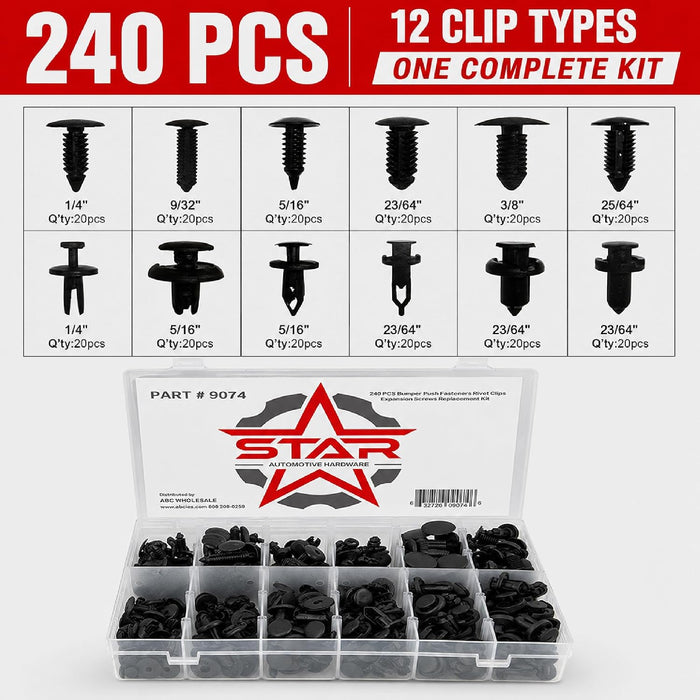 240 Pcs Bumper Clips Car, 12 Types of Clips, Bumper Push Fastener Rivet Clips, Expansion Screws Replacement Kit, Car Door Trim Panel Clips Kit Set A