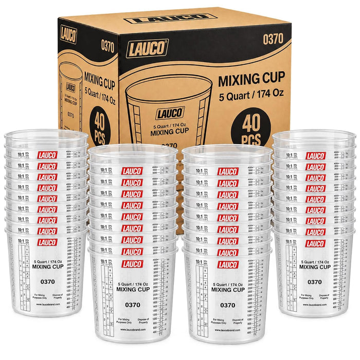 Box of 40 - Paint & Epoxy Mixing Cups Buckets - 174 Ounce (5-Quart) - Calibrated Mixing ratios on Side - Solvent Resistant, Reusable Clear Plastic Cups for Paint, Epoxy, Resin, Oil, Thinner (40) 0370