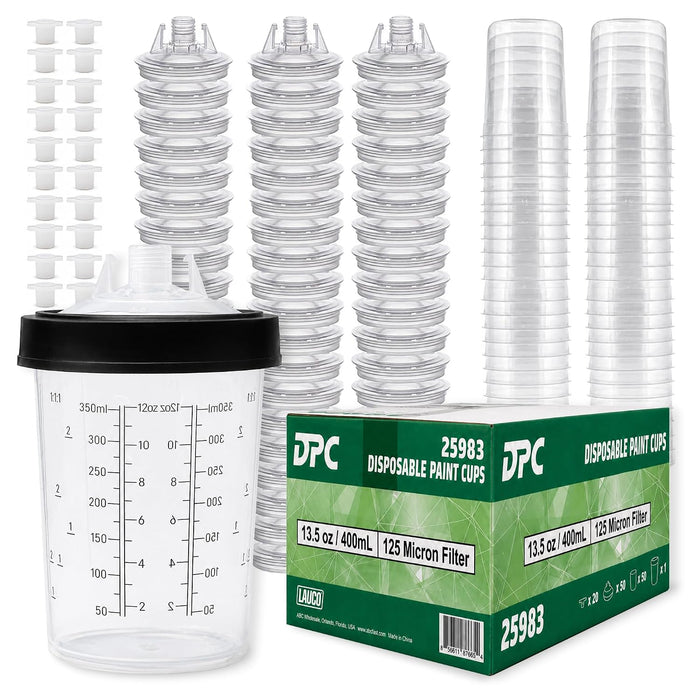 LAUCO Disposable Spray Gun Paint Cups Kit – 50 Pack Liners & Lids with 125 Micron Strainer, Hard Cup, Retainer Ring & Plugs (400ml/13.5oz Kit)
