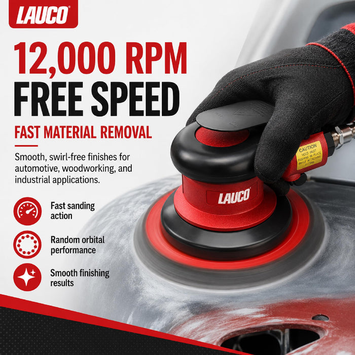 6-Inch Pneumatic Random Orbital Air Sander, 12,000 RPM, Low Vibration, 6" Hook & Loop Sanding Pad, Professional DA Air Sander for Auto Body, Woodworking & Metal Finishing
