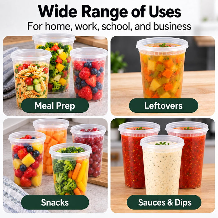 Uni-Pak 32 oz Plastic Deli Food Storage Containers with Lids, 50 Set, BPA-Free Meal Prep Containers, Leak-Resistant, Stackable, Microwave, Freezer & Dishwasher Safe for Soup, Snacks & Leftovers 62813